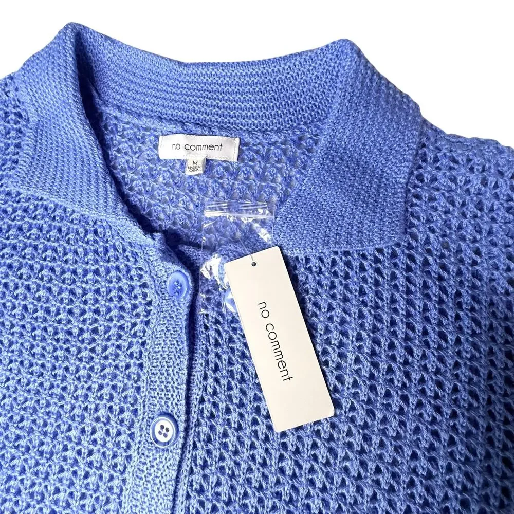 No Comment Crochet Top Blue Spread Collar Womens Med Button Up Knit Cardigan New